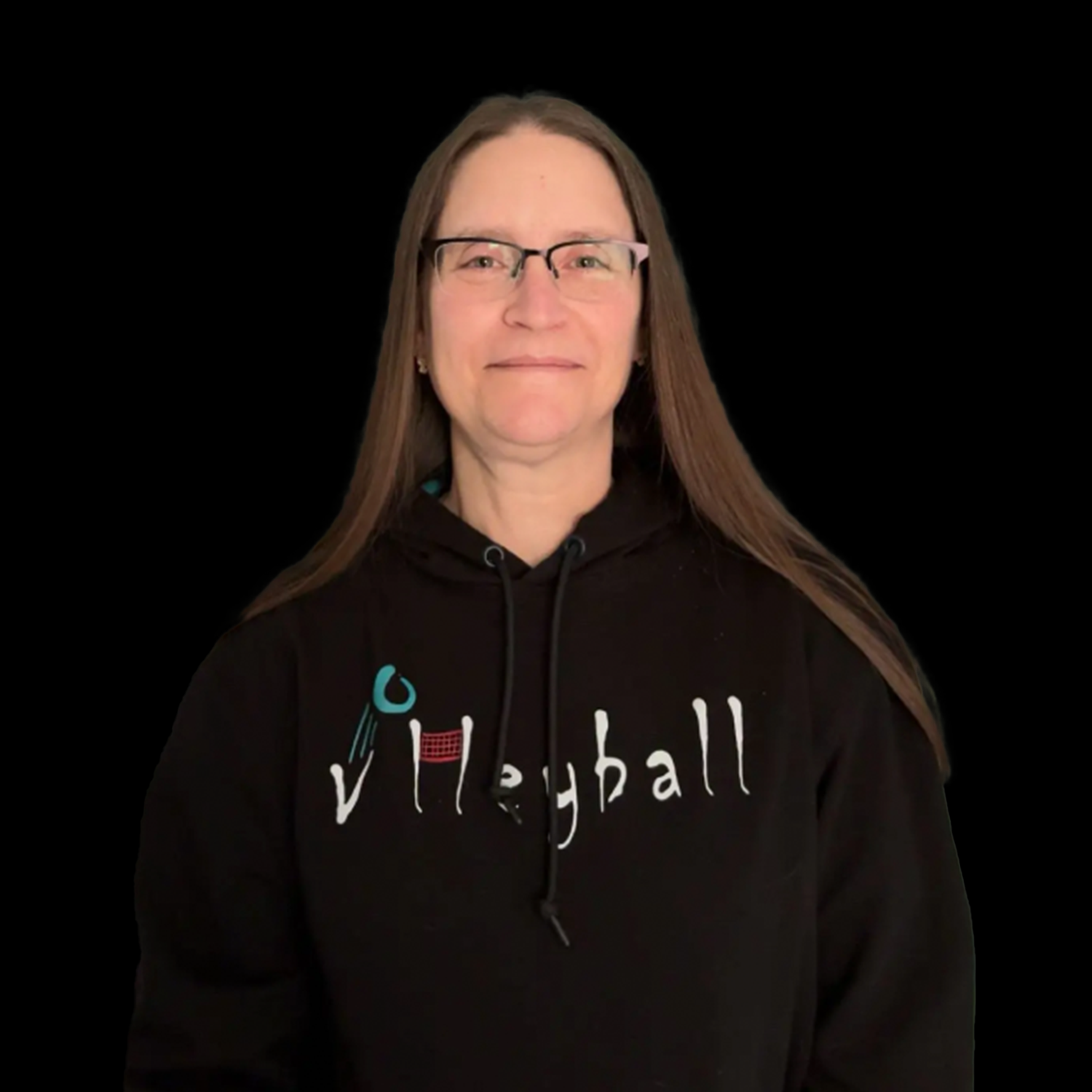 Person wearing glasses and a black hoodie with a volleyball graphic, standing against a black background.