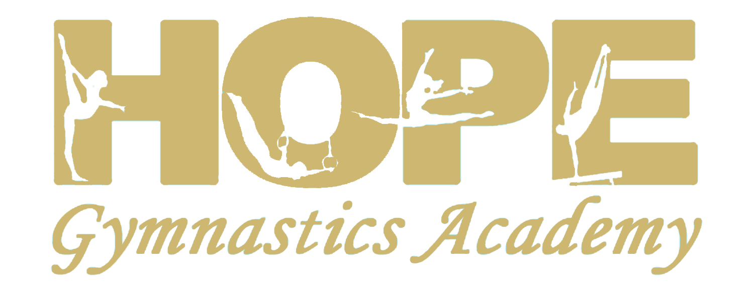Gold logo reading “HOPE Gymnastics Academy” with a gymnast silhouette in the H.
