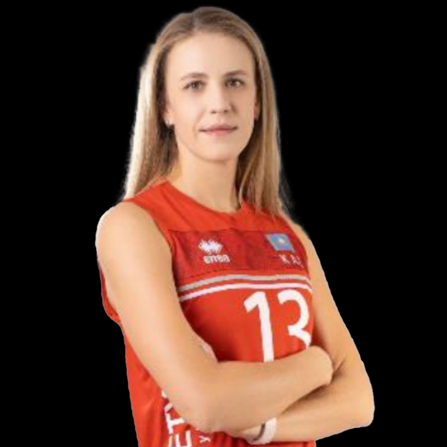 Volleyball player in red jersey number 13 with arms crossed on a black background