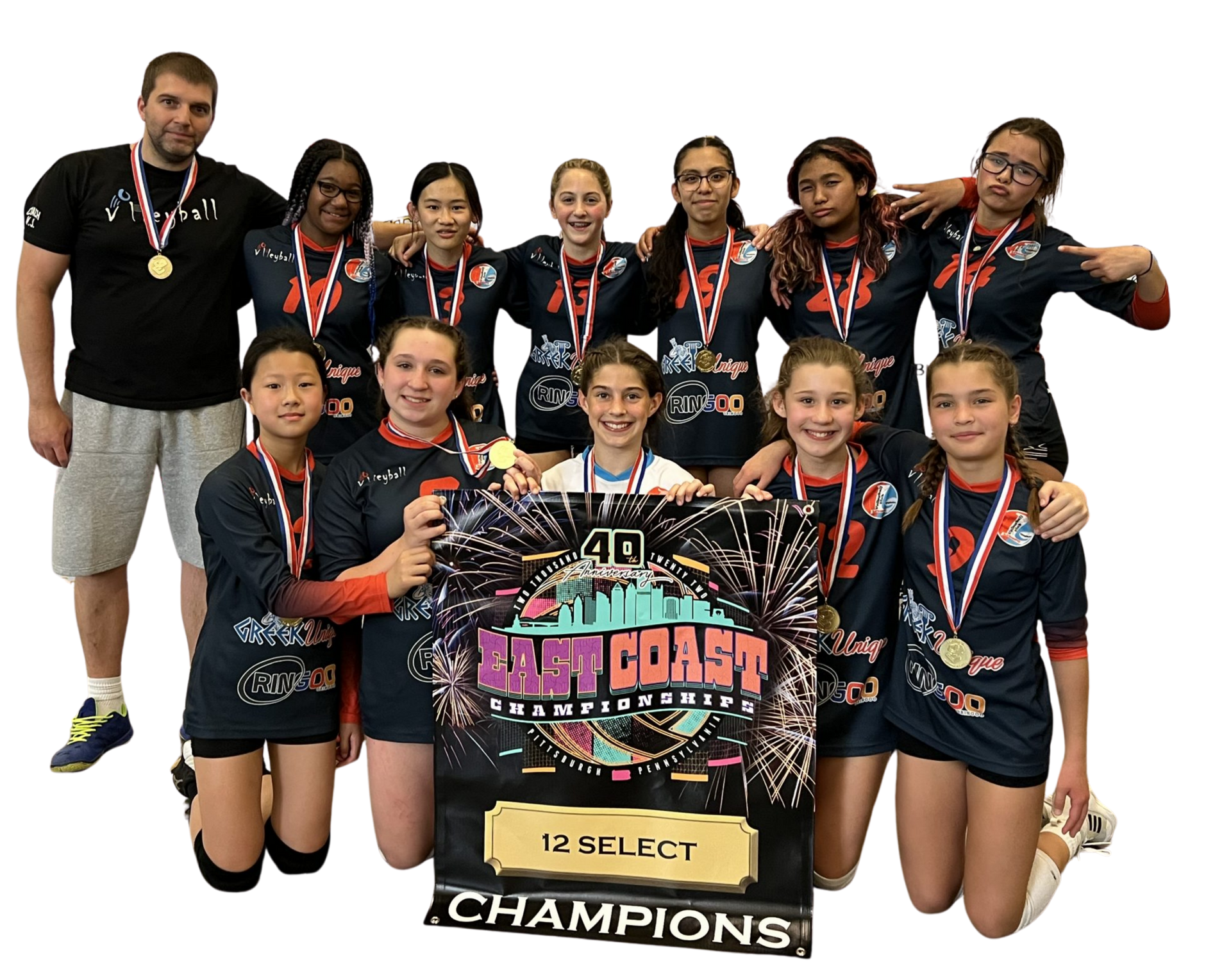 Youth volleyball team posing with medals and a championship trophy on a white background