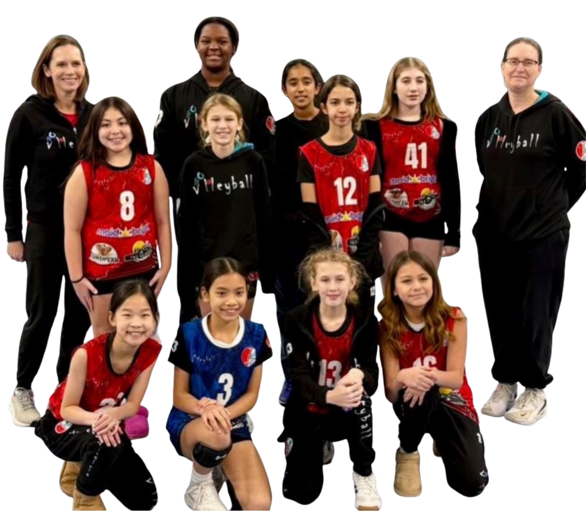 Youth volleyball team group photo in red and black jerseys with coaches, posing on a white background