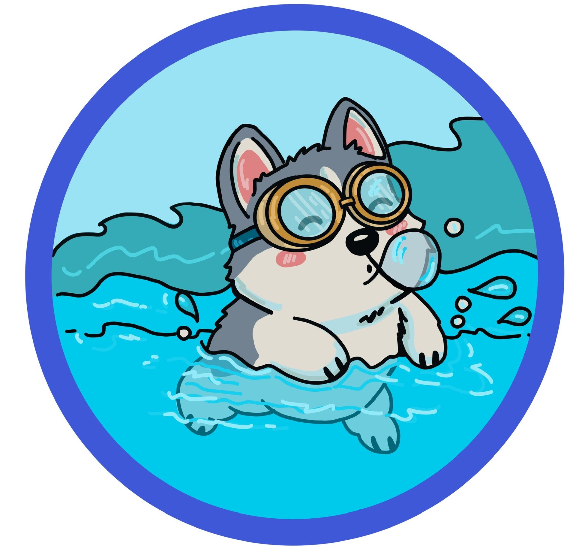 Cartoon husky dog wearing goggles, splashing in bright blue water inside a circular frame