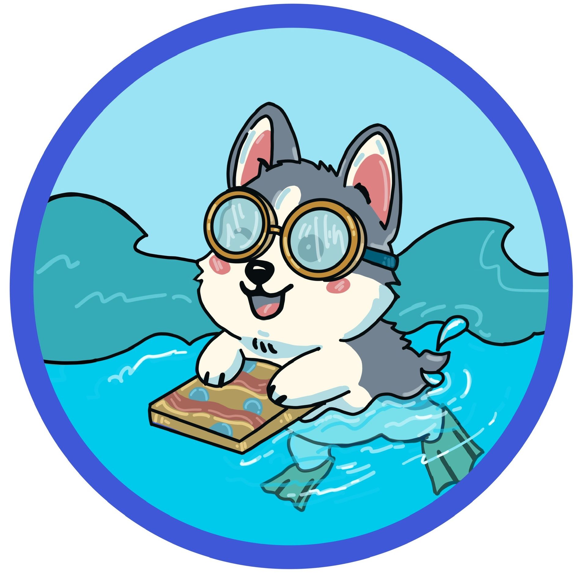 Cartoon husky wearing goggles surfing on blue waves inside a circular badge