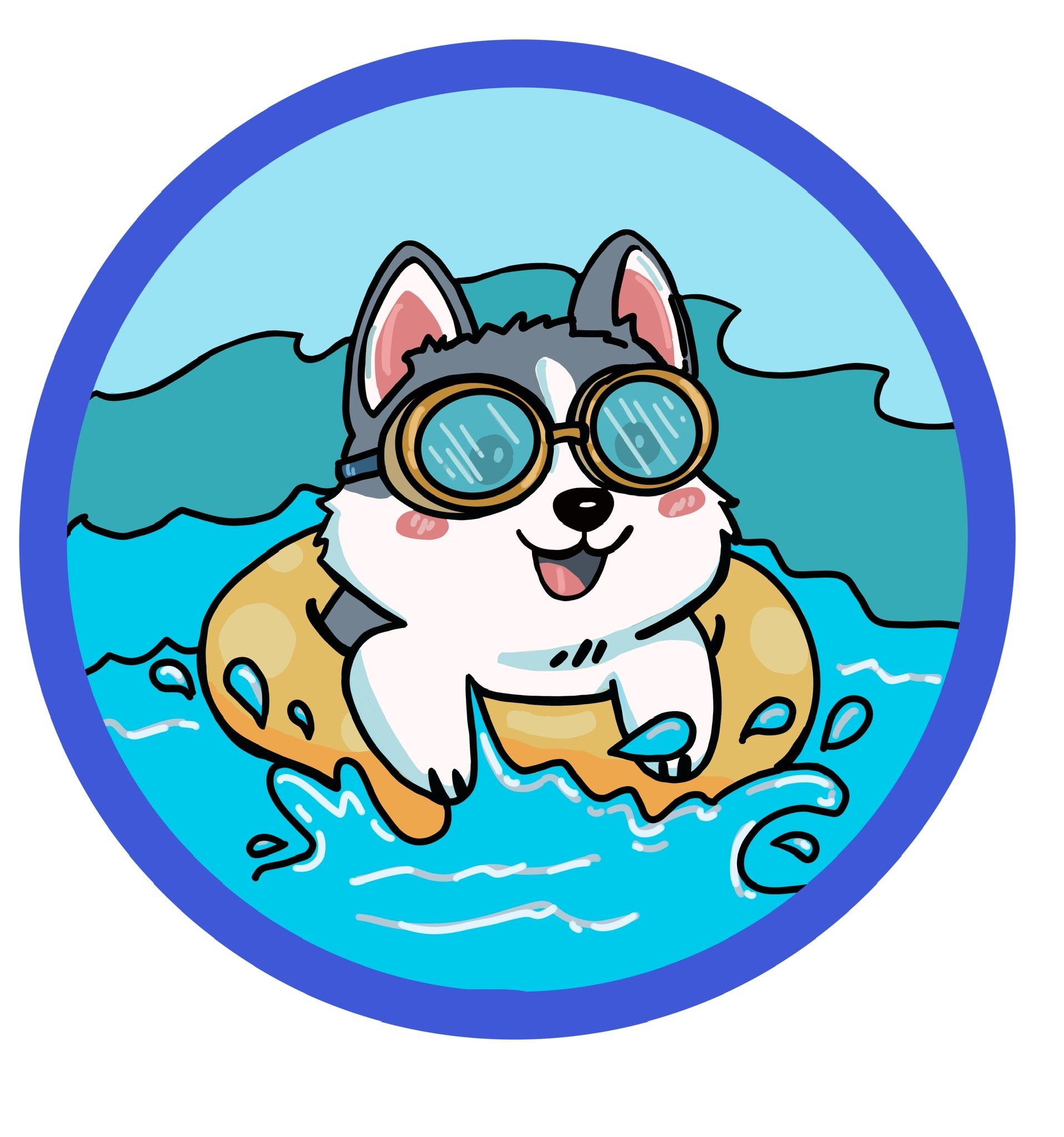 Cartoon husky wearing goggles floating in turquoise water inside a blue circle