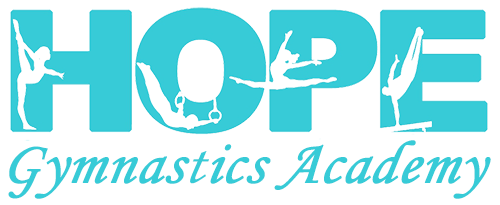 HOPE Gymnastics Academy logo in turquoise and white with a gymnast silhouette