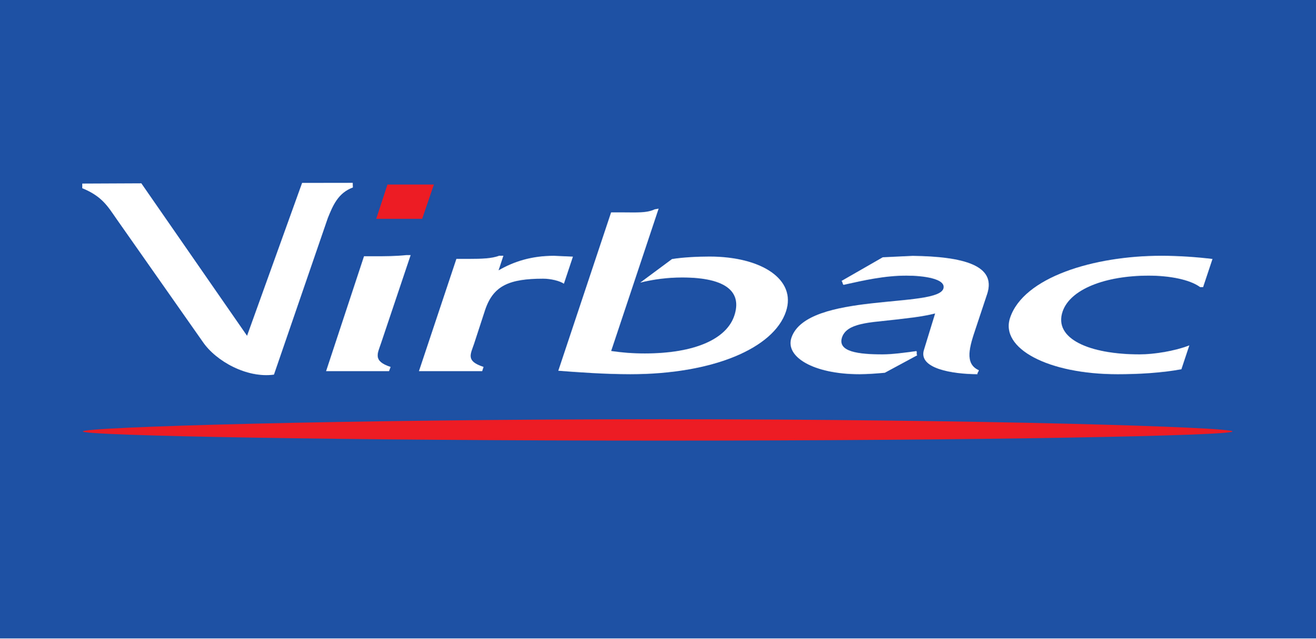 Logo Virbac su sfondo blu con testo bianco e accenti rossi.