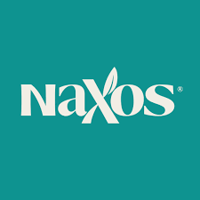 Logo NAXOS con sfondo verde acqua. Testo stilizzato bianco con un accento a forma di foglia sopra la lettera 