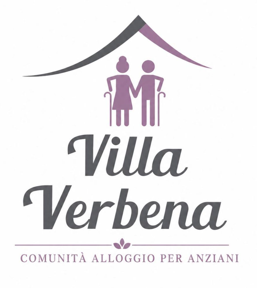 Logo per Villa Verbena, una residenza per anziani, con un tetto di casa stilizzato e due figure in grigio e viola.