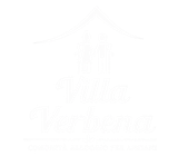 Logo per Villa Verbena, una residenza per anziani, con figure stilizzate e linea del tetto nei toni del grigio e del viola.