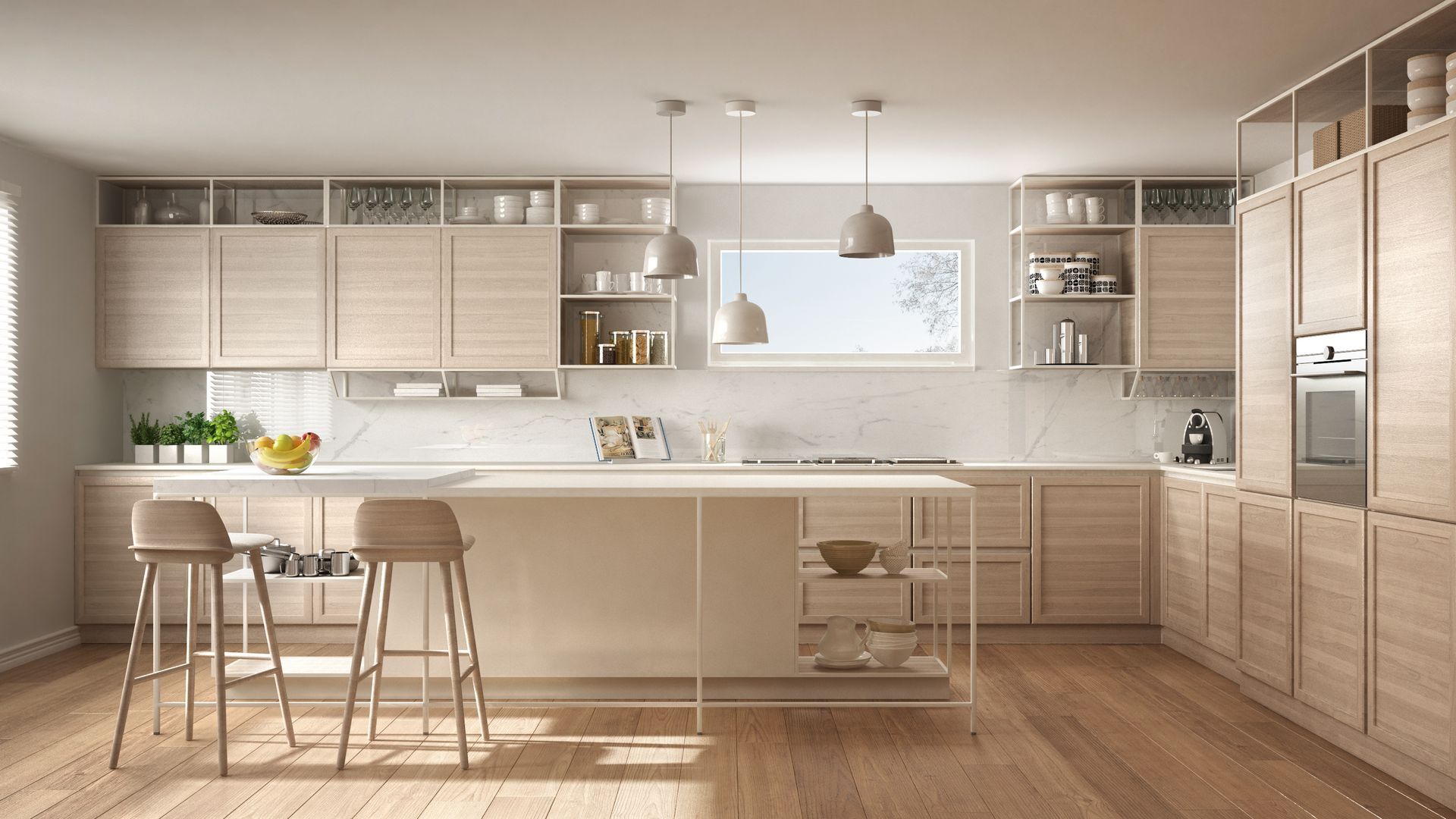 Modern, light-toned kitchen with wooden cabinets, island, stools, and pendant lights. A window shows a glimpse of sky.