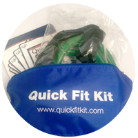 A blue bag that says quick fit kit on it