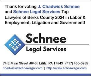 Ad for J. Chadwick Schnee and Schnee Legal Services, 2024 Top Lawyers in Berks County. Contact info provided at the bottom.