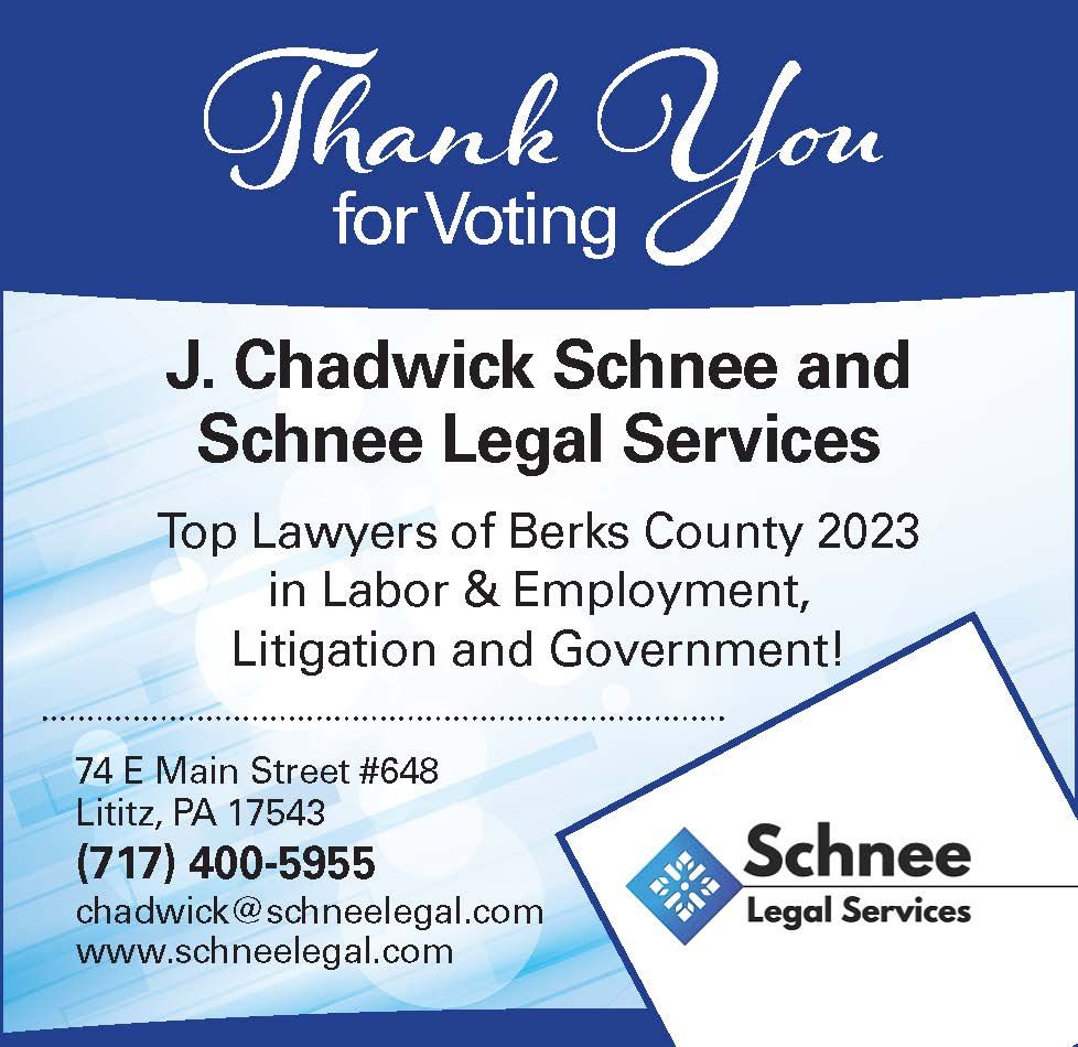 A blue-and-white promotional graphic thanking voters for selecting J. Chadwick Schnee and Schnee Legal Services.