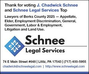 Ad for J. Chadwick Schnee and Schnee Legal Services in Berks County, including contact info, website, and blue logo.