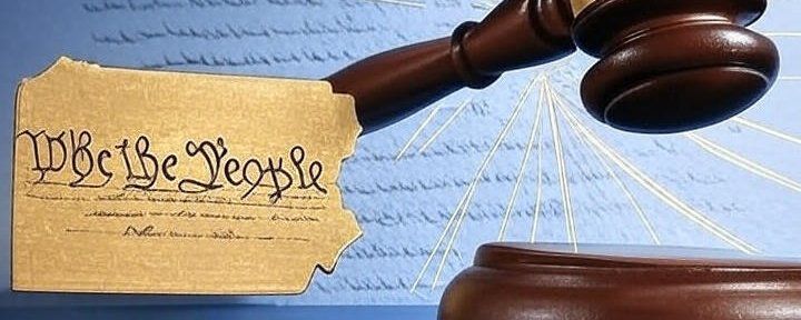 A judge 's gavel is sitting on top of a piece of paper that says we the people.