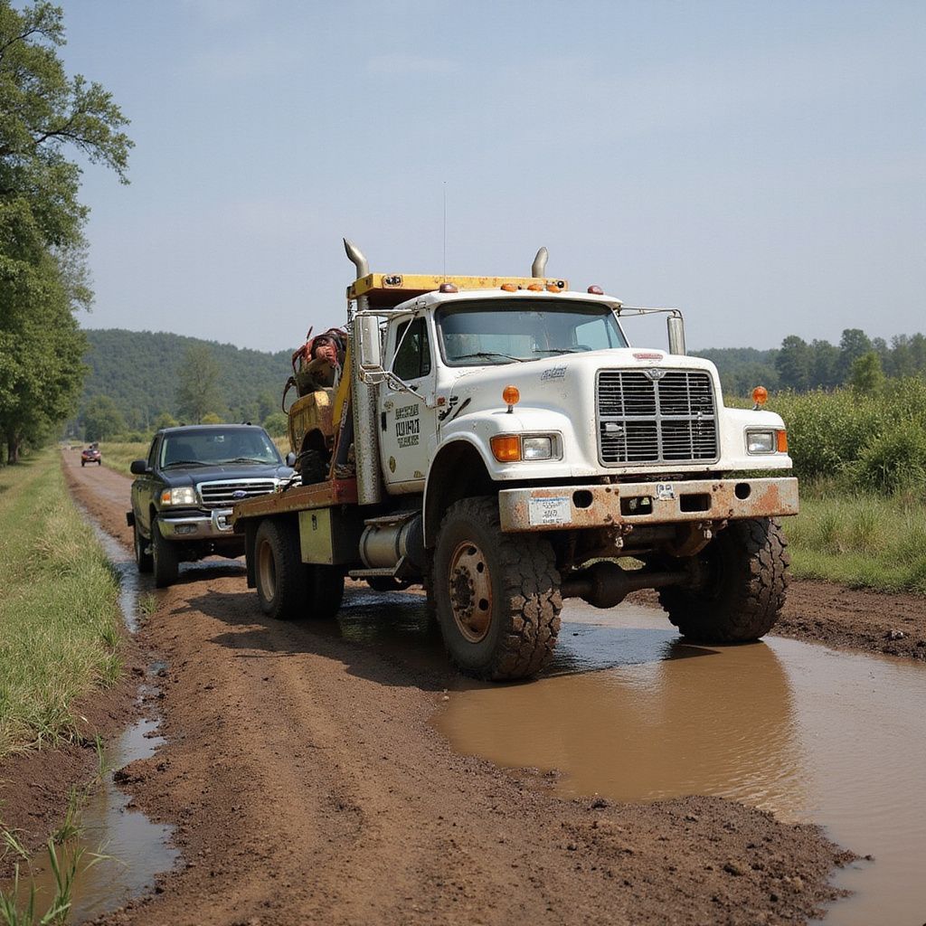 White truck towing a black truck on a muddy road. Trees and fields in the background.