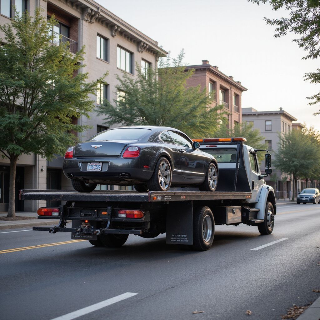 Bentley coupe on a flatbed tow truck on a city street.