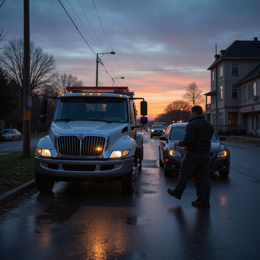 Tow truck and driver on a wet street at dusk, assisting a car. Buildings and other cars in the background.