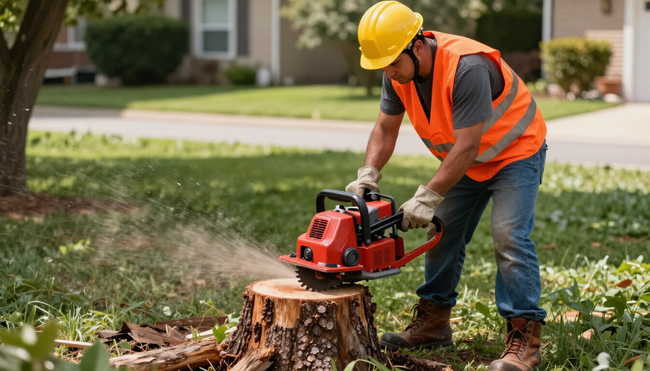 Worker grinds a cut tree stump with powered equipment during Tree Service in Kearns, UT, to clear space for landscaping.