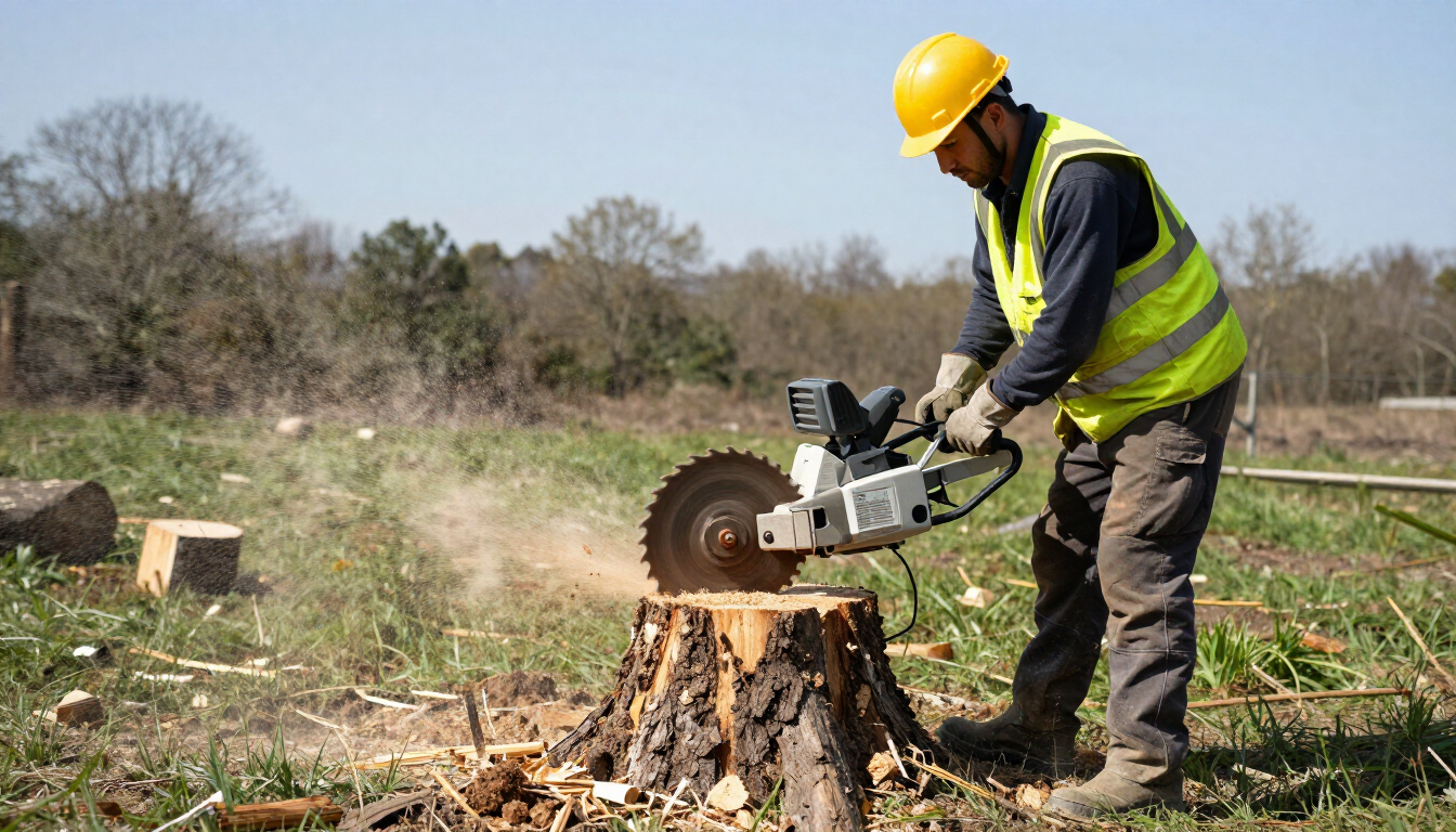 Worker grinds a large tree stump with powered equipment during