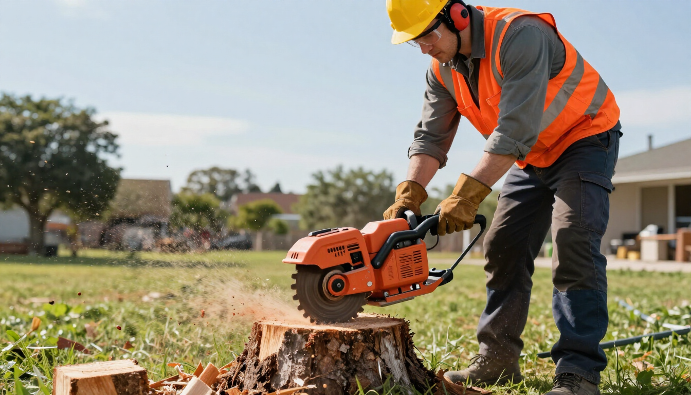 Worker operates a stump grinder on a cut tree base during Tree Service in Kearns, UT for a cleaner and safer yard space.