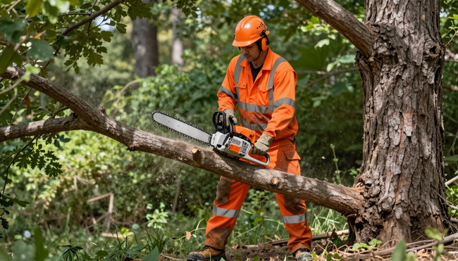 Worker cuts a large tree branch with a chainsaw during Tree Service in Kearns, UT for safe removal and property cleanup.