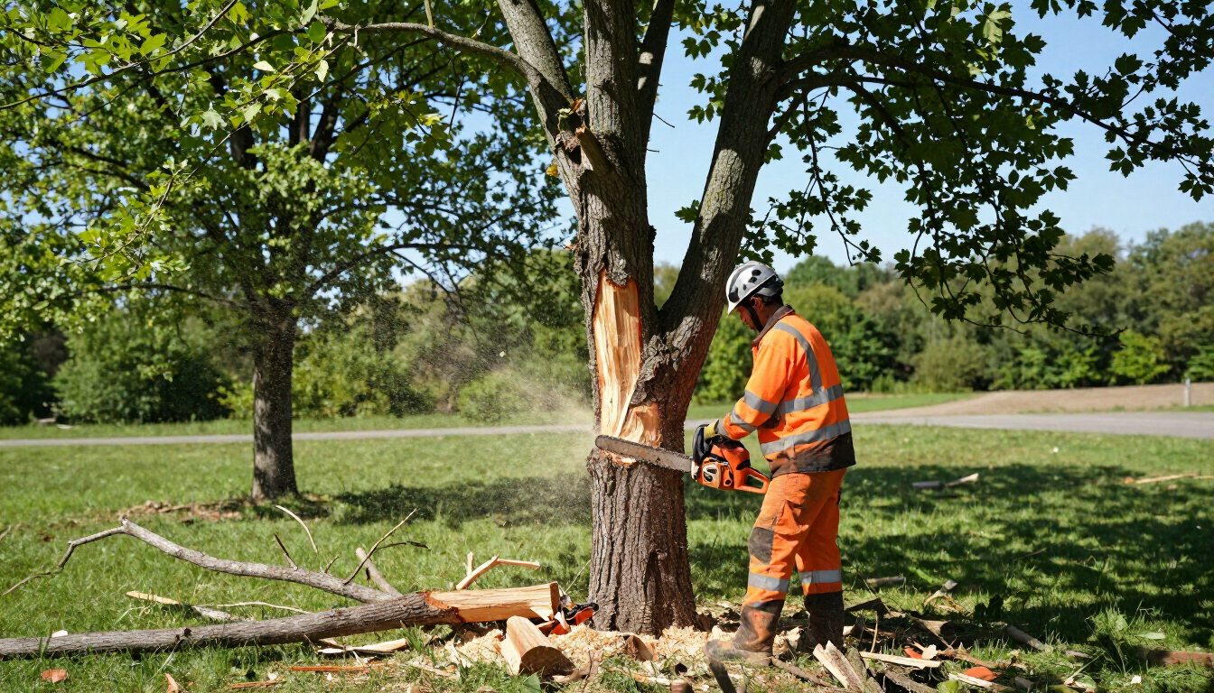 Worker cuts a damaged tree trunk with a chainsaw during Tree Service in Kearns, UT for careful removal and yard cleanup.