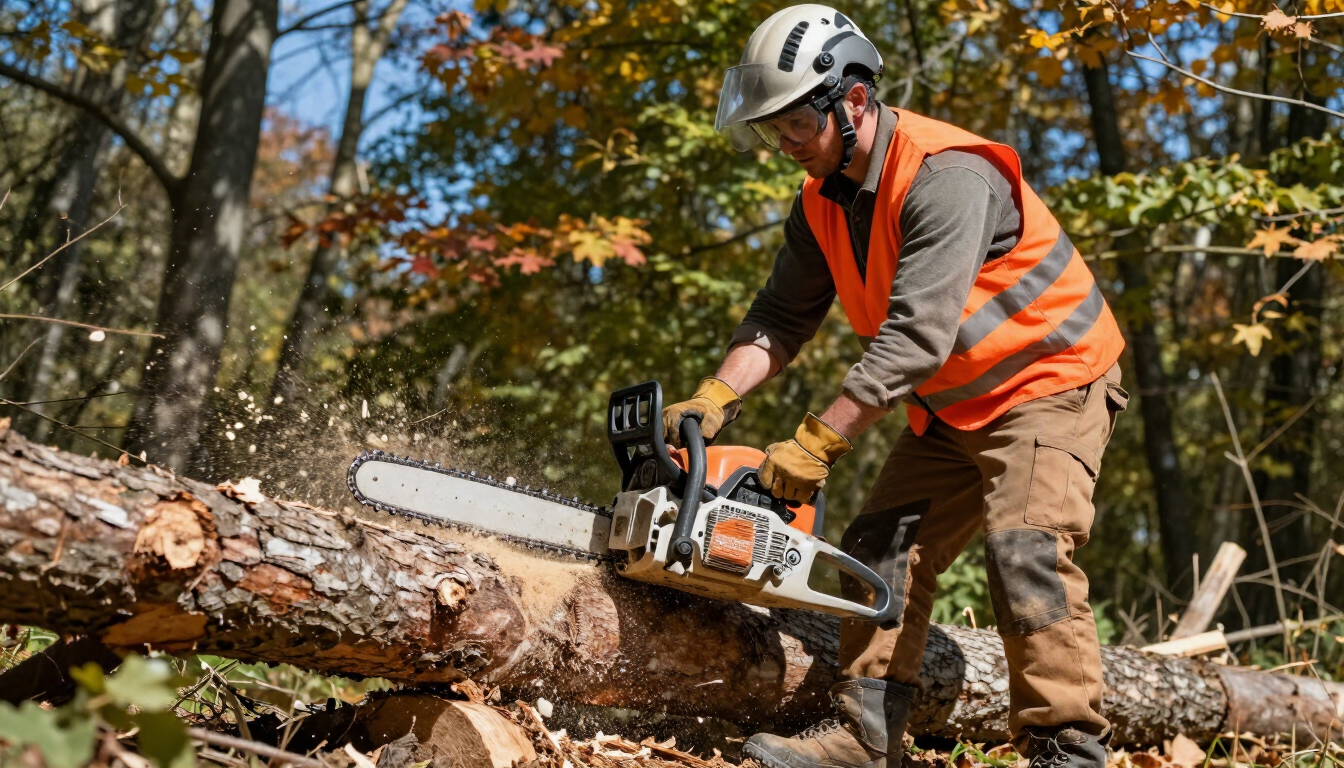 Worker cuts fallen tree trunk with a chainsaw during Tree Service in Kearns, UT for controlled removal and yard cleanup.
