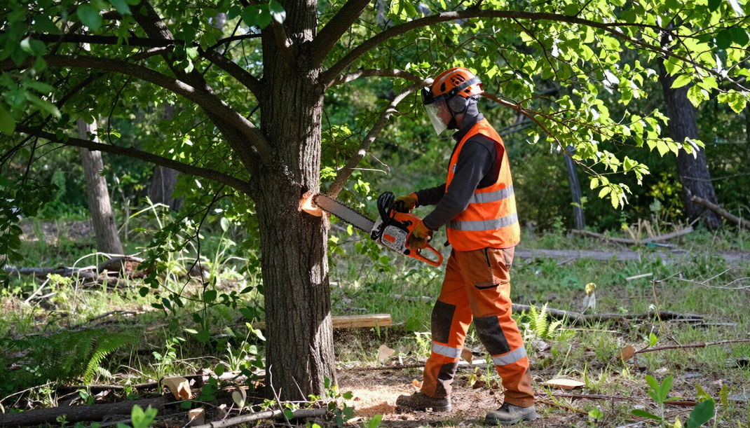 Worker cuts a tree trunk with a chainsaw during Tree Service in Kearns, UT, for careful removal and residential cleanup.