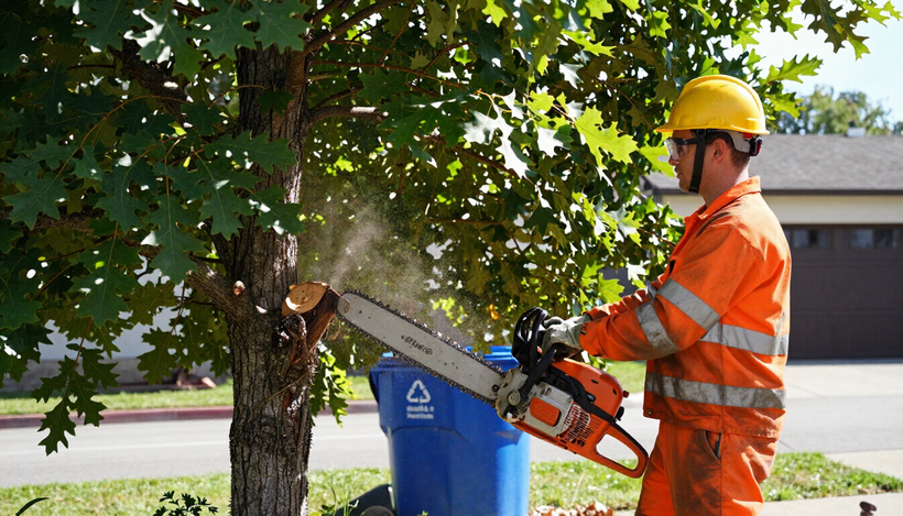 Worker trims a tree trunk with a chainsaw during Tree Service in Kearns, UT to improve clearance and maintain this yard.