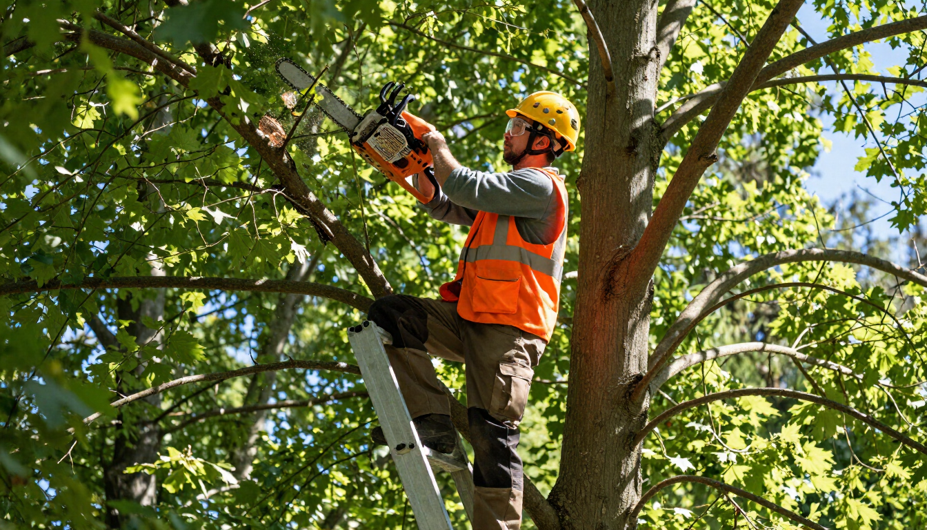 Worker trims leafy branches from a ladder during Tree Service in Kearns, UT, to improve canopy clearance and tree shape.