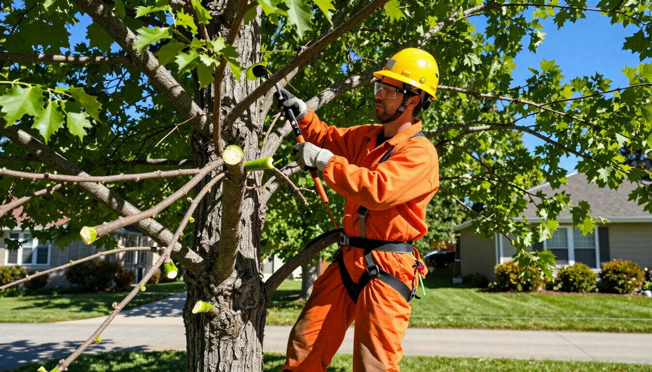 Worker prunes leafy branches with a pole saw during Tree Service in Kearns, UT for safer clearance and healthier growth.