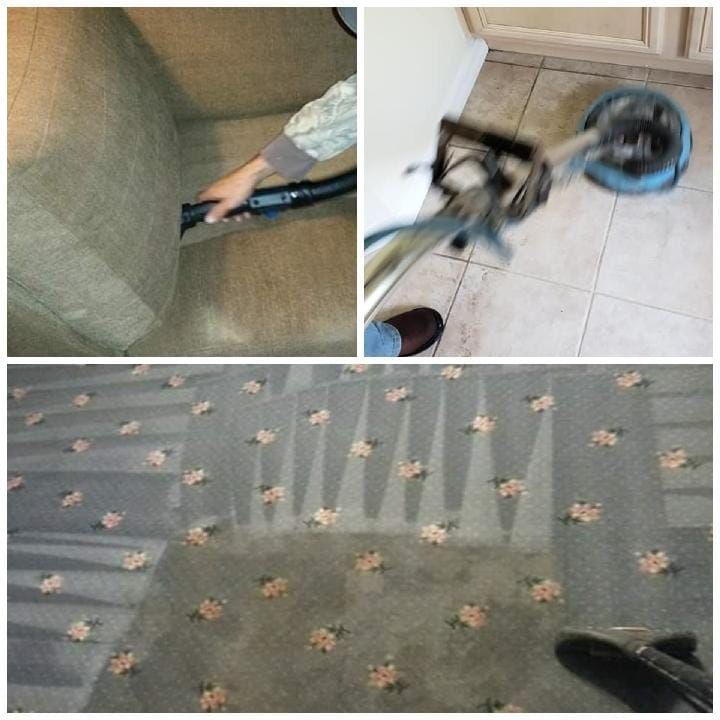 A composite showing cleaning services: vacuuming a sofa, scrubbing tiled floors, and steam cleaning a patterned carpet.