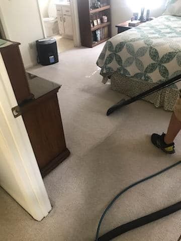 A person uses a carpet cleaning wand on a bedroom floor, showing a clean, damp path leading toward a bed and bathroom.
