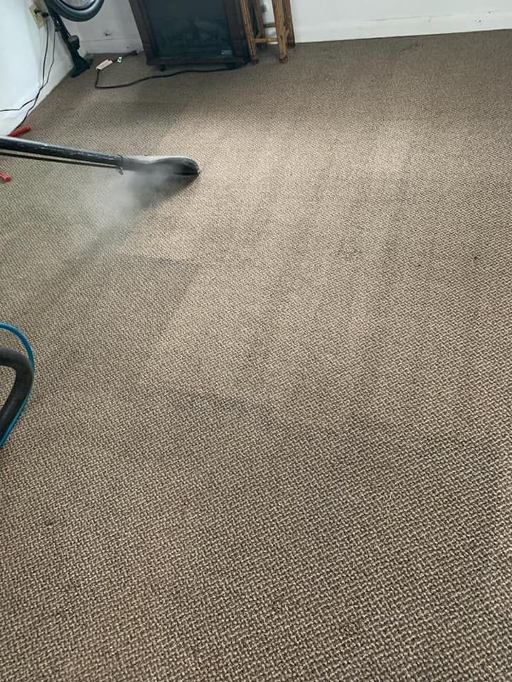 A steam cleaner nozzle cleaning a beige carpet in a room with a fireplace in the background.