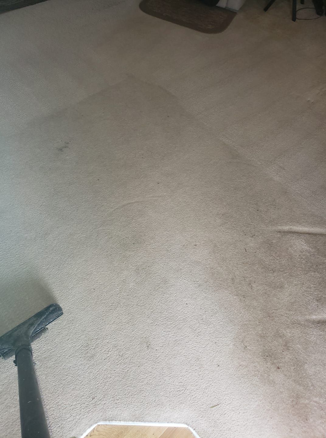 A vacuum cleaner head rests on a beige carpet showing a visible path where it has cleaned a darker stain.