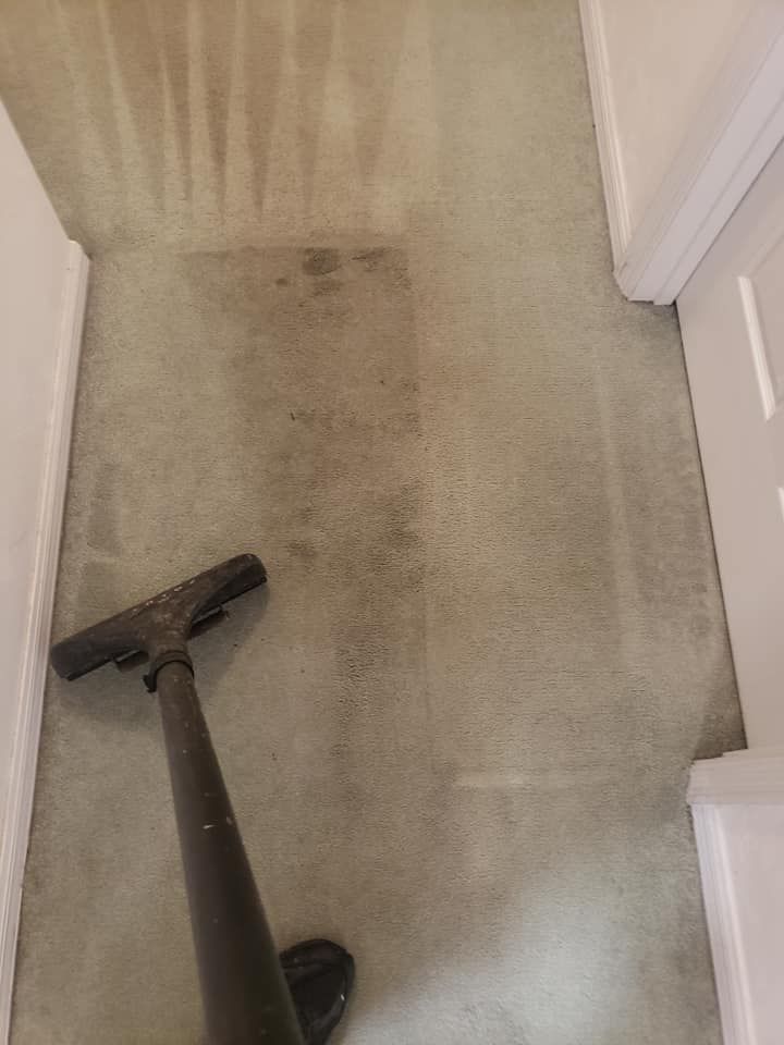 A vacuum cleaner wand cleans a rectangular section of light-colored, soiled carpet in a hallway.