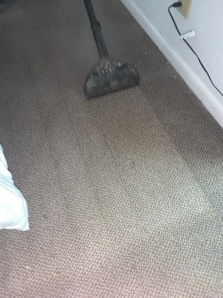 A vacuum head cleans a strip of dirty, light brown carpet, revealing a lighter color underneath.