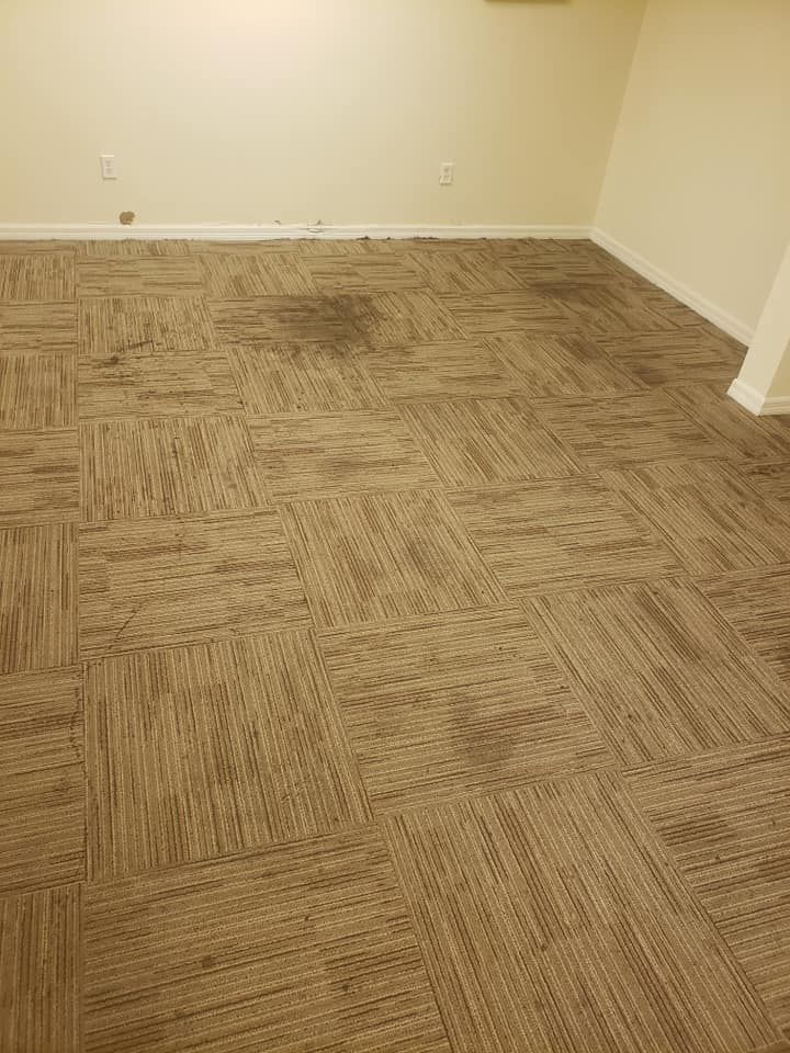 A beige carpeted floor composed of square tiles arranged in an alternating pattern, meeting a plain white wall.
