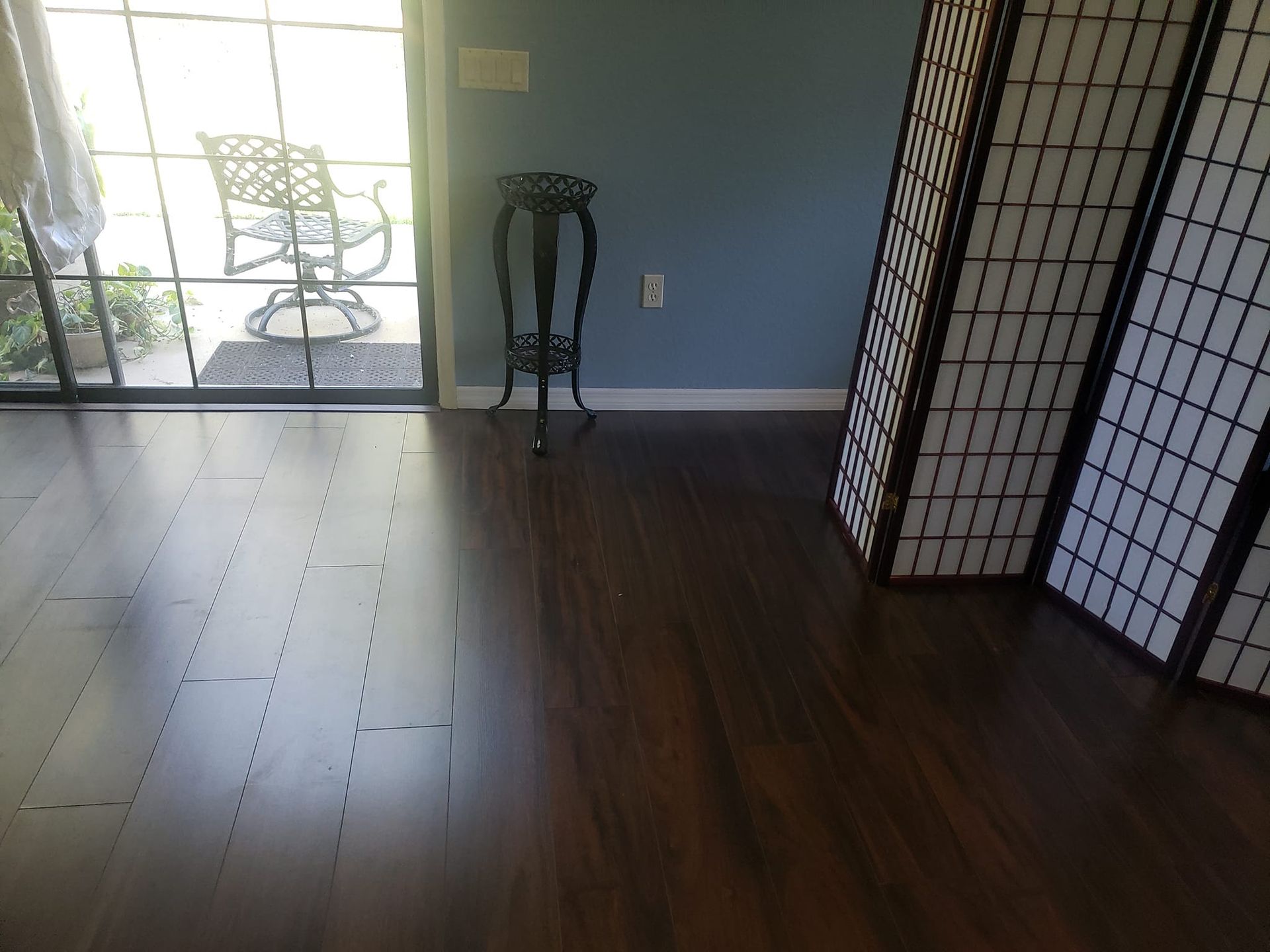 A dark wood floor leads to a glass sliding door, with a decorative black plant stand and a white folding room divider.
