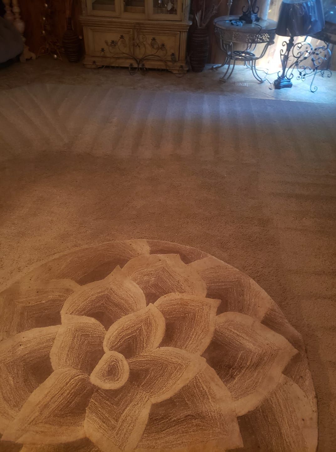 A close-up of a circular beige rug with an embossed floral pattern on a carpeted floor, near furniture in a home.