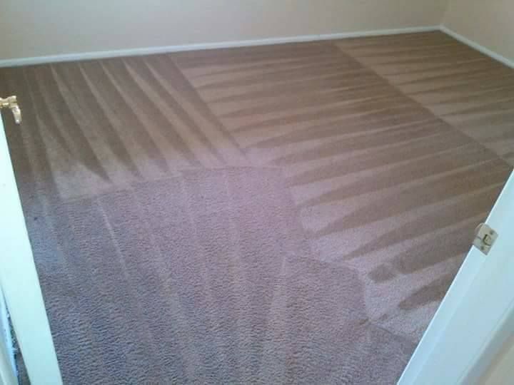 A room with beige carpet featuring distinct vacuum track lines in different directions, seen through a doorway.