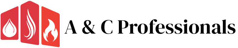 Logo for A & C Professionals featuring three red panels with white flame and water drop icons next to the company name.