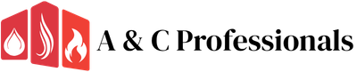 Logo for A & C Professionals featuring three red panels with white flame and water drop icons next to the company name.