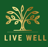 Gold tree logo with leaves above the words “LIVE WELL” on a green background