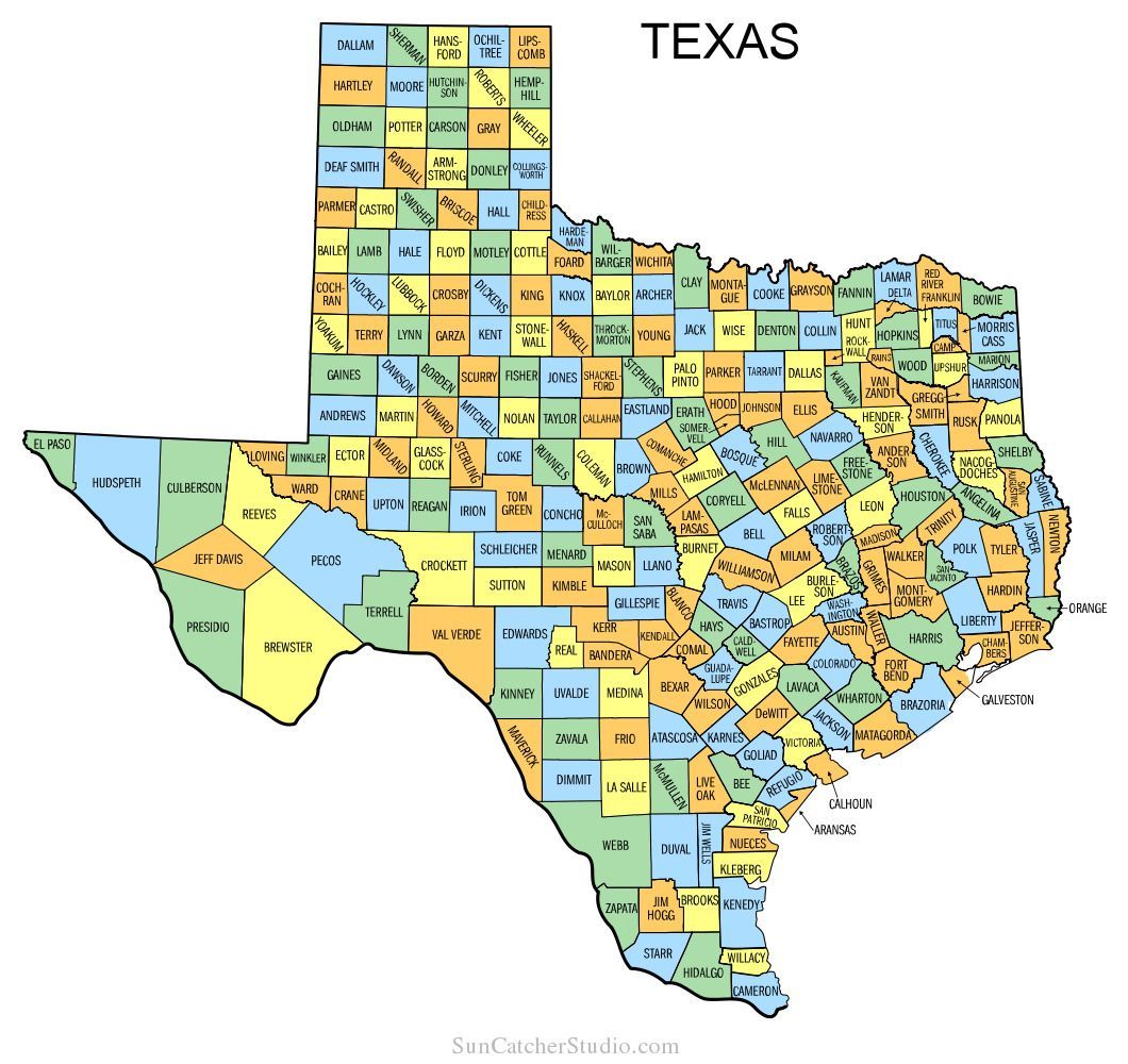 A map of the state of texas with lots of county names