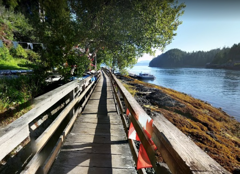 A wooden walkway leading to a body of water