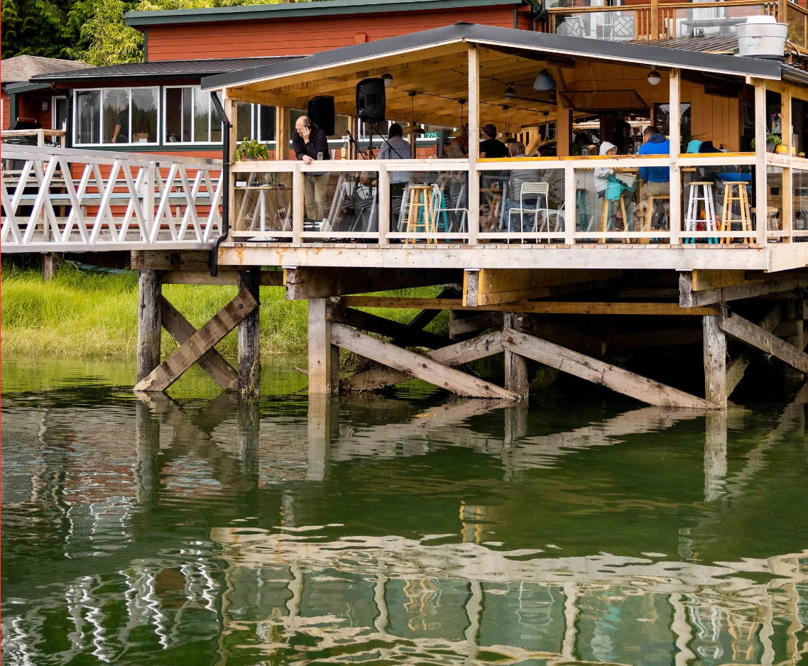 A restaurant on stilts overlooking a body of water.