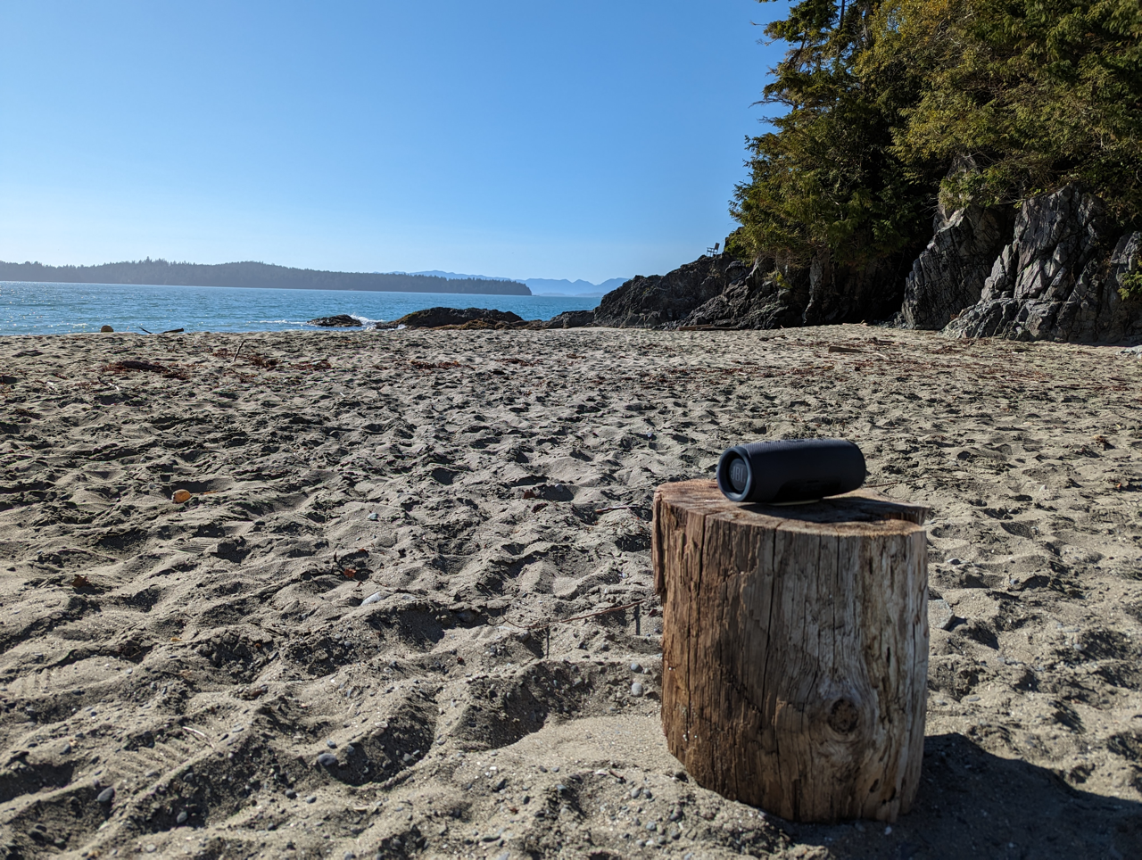 Peaceful serenity and sounds of yoga on during a class on Brady's Beach in Bamfield offered by Woods End Landing
