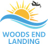 A logo for woods end landing with a sun and waves